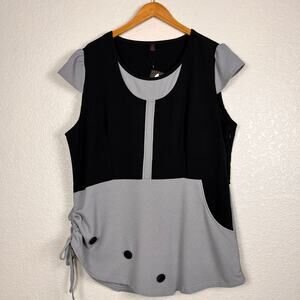 Womens Size XXL Lagenlook Black Gray Colorblock Cap Sleeve Asymmetric Tunic Top